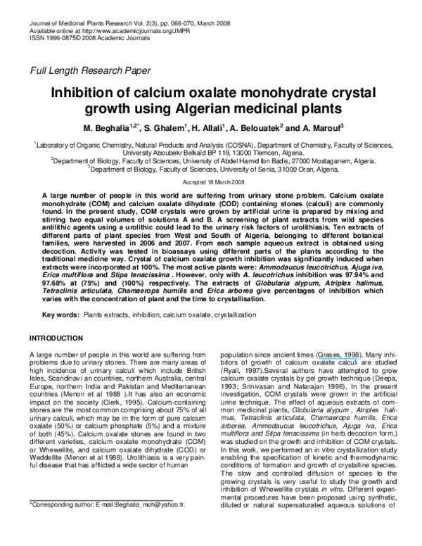 (PDF) Inhibition of calcium oxalate monohydrate crystallization by the ...