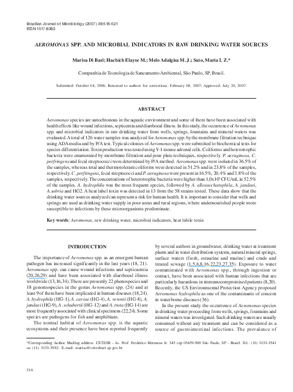 (PDF) Aeromonas spp. and microbial indicators in raw drinking water source