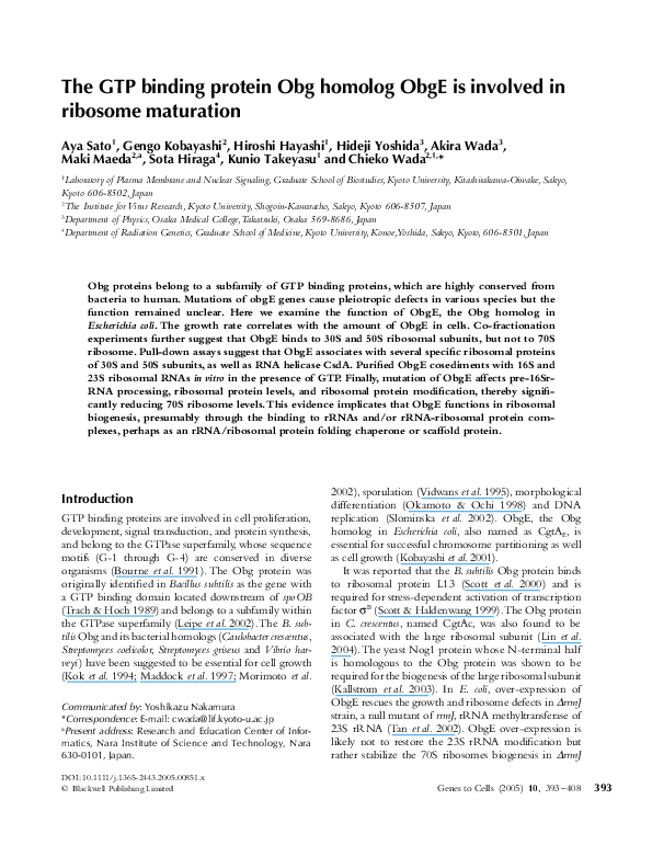 (PDF) The GTP binding protein Obg homolog ObgE is involved in ribosome ...