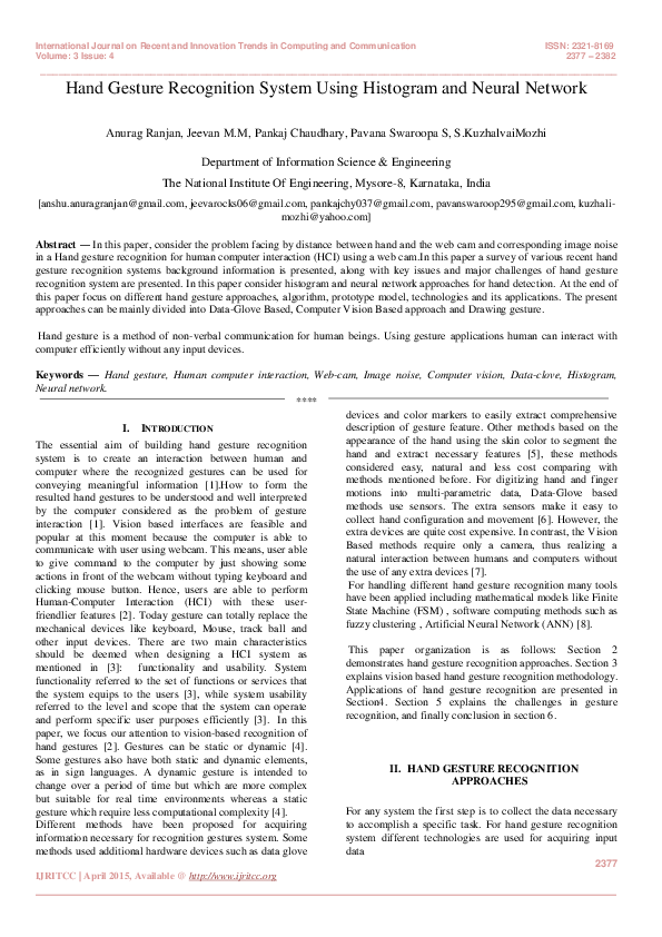 (PDF) Hand Gesture Recognition System Using Histogram and Neural Network