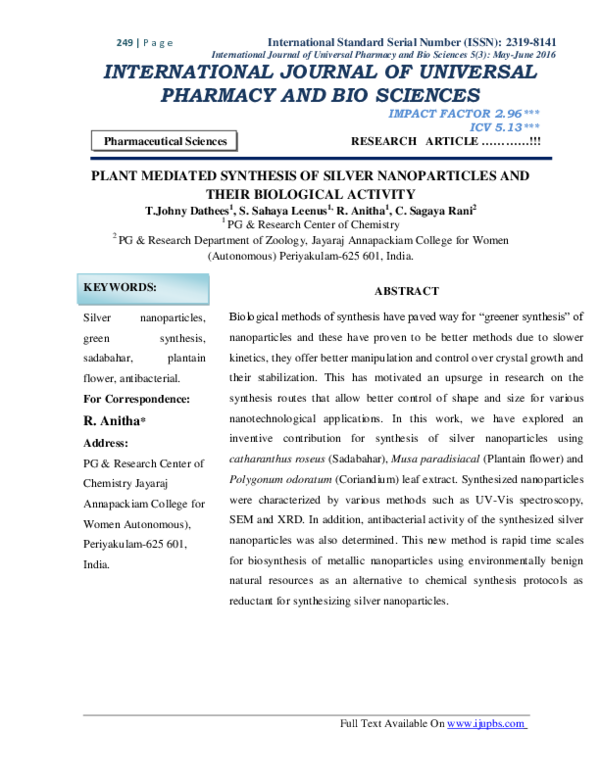 (PDF) PLANT MEDIATED SYNTHESIS OF SILVER NANOPARTICLES AND THEIR ...