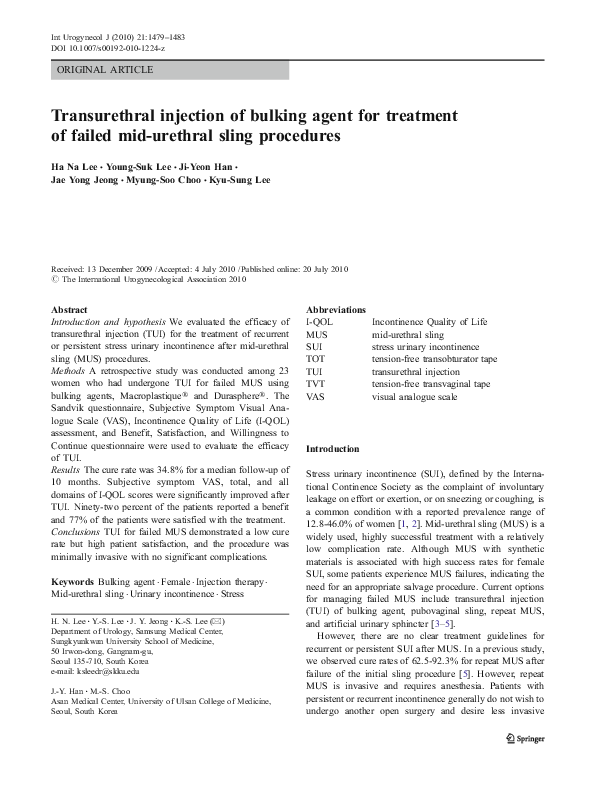 (PDF) Transurethral injection of bulking agent for treatment of failed ...