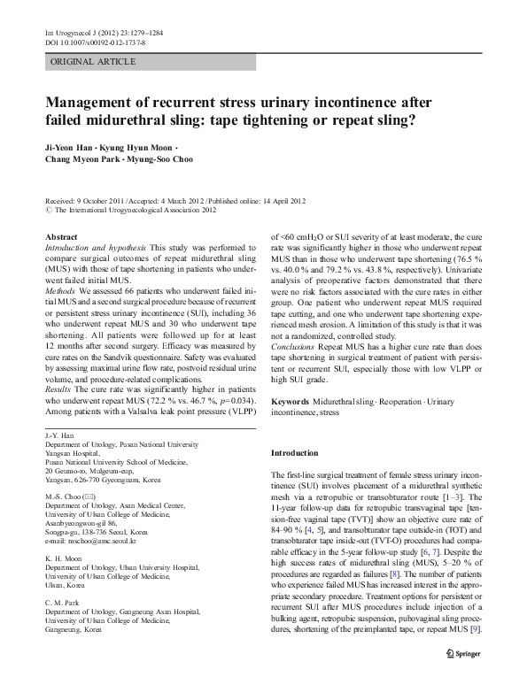 (PDF) Management of recurrent stress urinary incontinence after failed ...