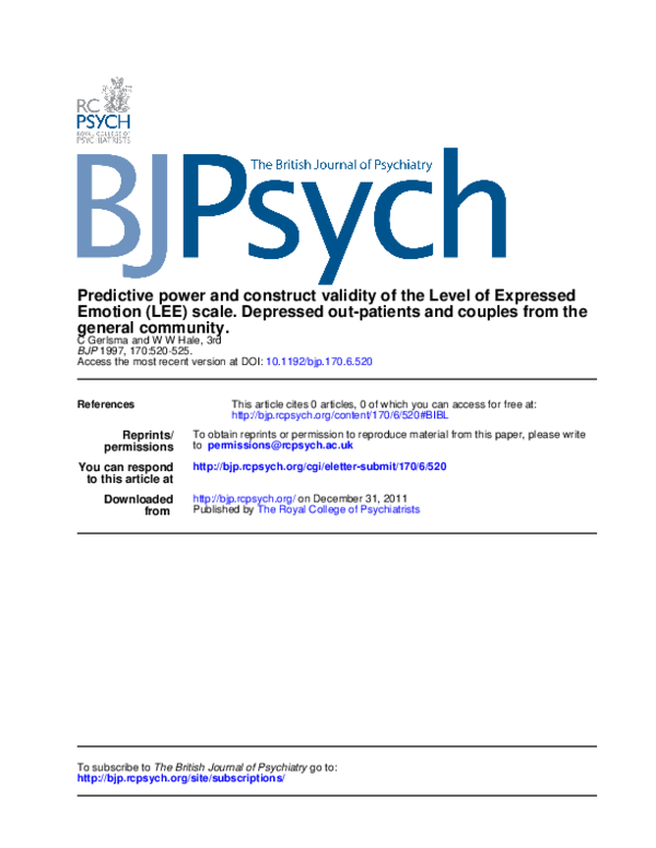 Pdf Predictive Power And Construct Validity Of The Level Of Expressed Emotion Lee Scale Depressed Out Patients And Couples From The General Community William Hale Academia Edu