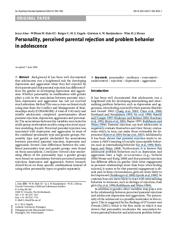 (PDF) Personality, perceived parental rejection and problem behavior in ...