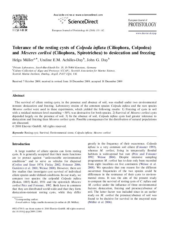 (PDF) Tolerance of the resting cysts of Colpoda inflata (Ciliophora ...