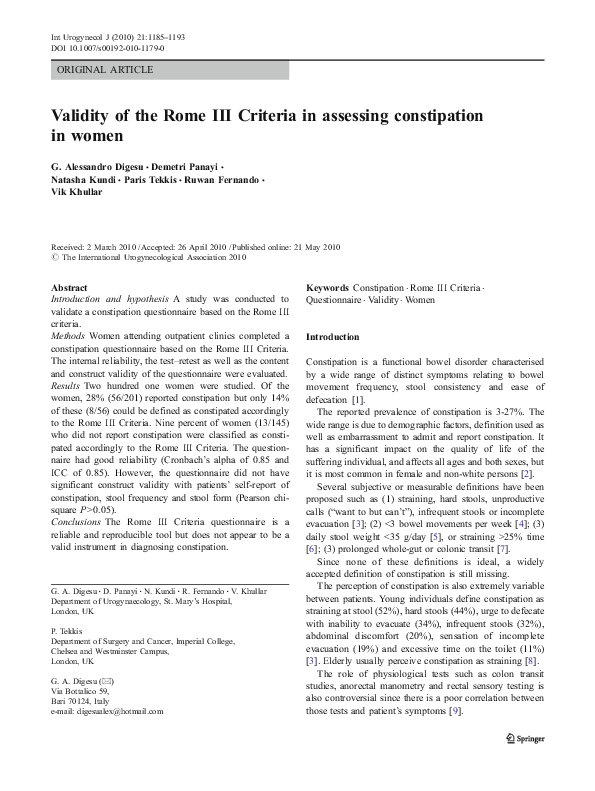 (PDF) Validity of the Rome III Criteria in assessing constipation in women