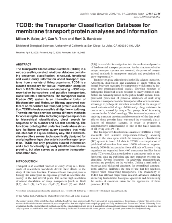 (PDF) TCDB: the Transporter Classification Database for membrane ...
