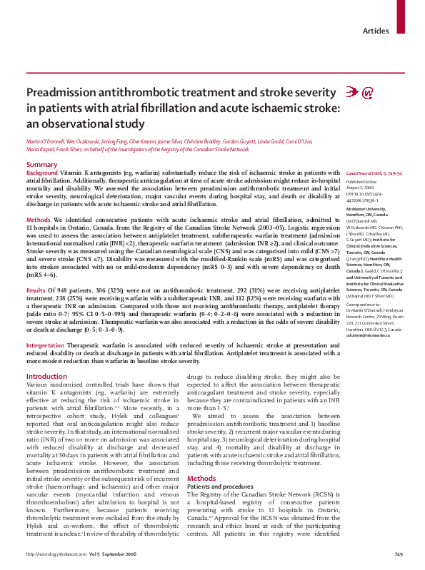 (PDF) Preadmission antithrombotic treatment and stroke severity in ...