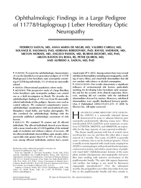 (PDF) Ophthalmologic findings in a large pedigree of 11778/Haplogroup J Leber hereditary optic
