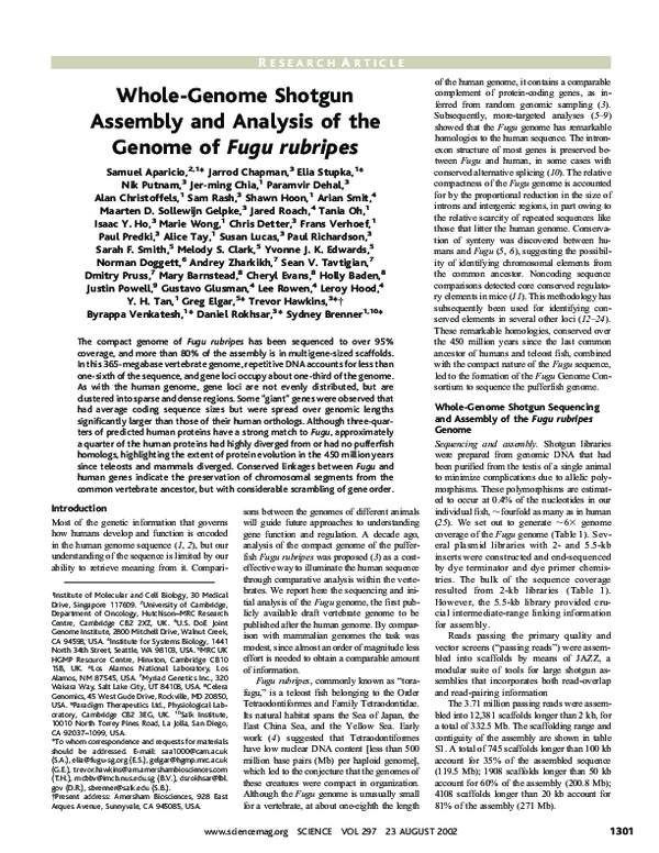 (PDF) WholeGenome Shotgun Assembly and Analysis of the Genome of Fugu rubripes Evan Tan