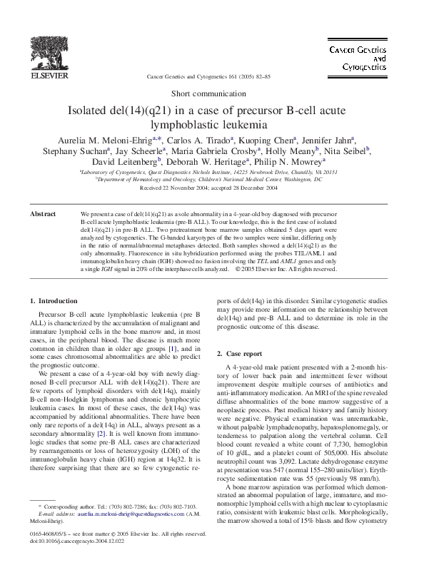 (PDF) Isolated del(14)(q21) in a case of precursor B-cell acute ...