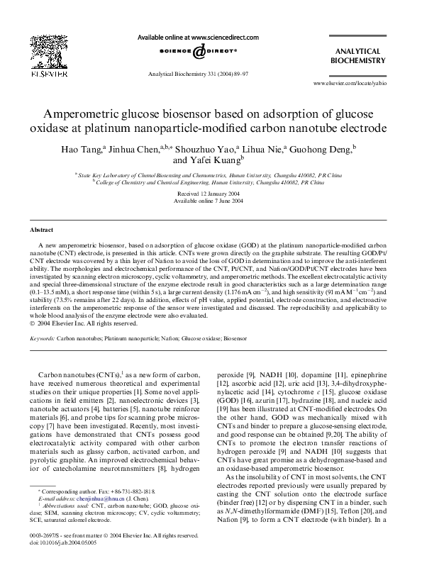 (PDF) Amperometric glucose biosensor based on adsorption of glucose ...