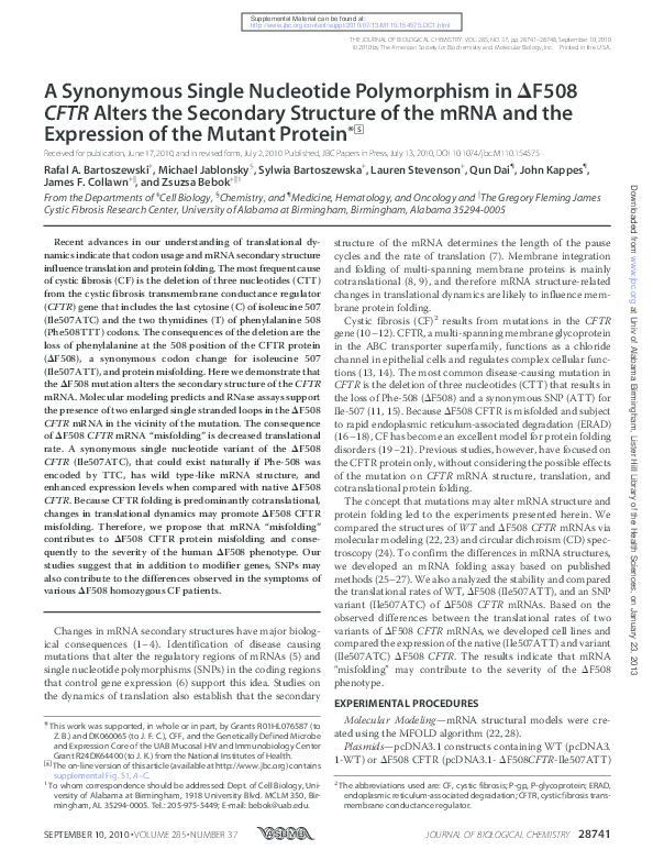 (PDF) A synonymous single nucleotide polymorphism in F508 CFTR alters ...