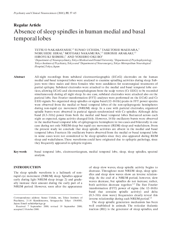 (PDF) Absence of sleep spindles in human medial and basal temporal lobes
