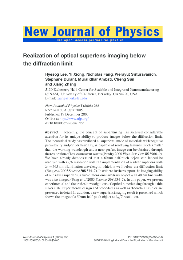 (PDF) Realization of optical superlens imaging below the diffraction limit