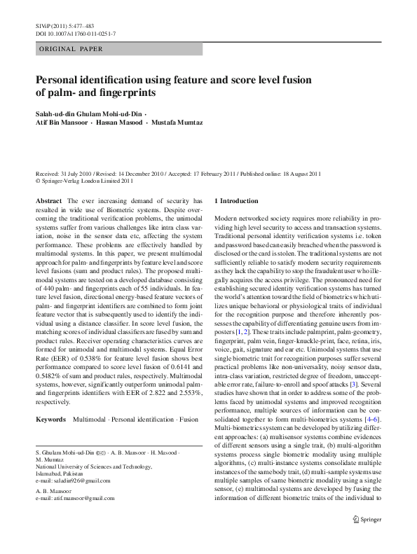 (PDF) Personal identification using feature and score level fusion of ...