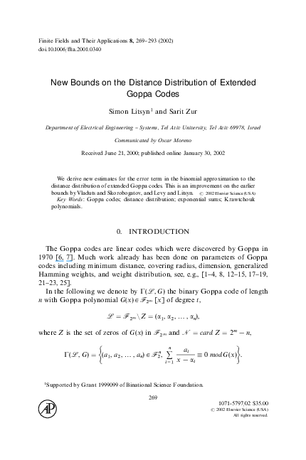 (PDF) New Bounds on the Distance Distribution of Extended Goppa Codes