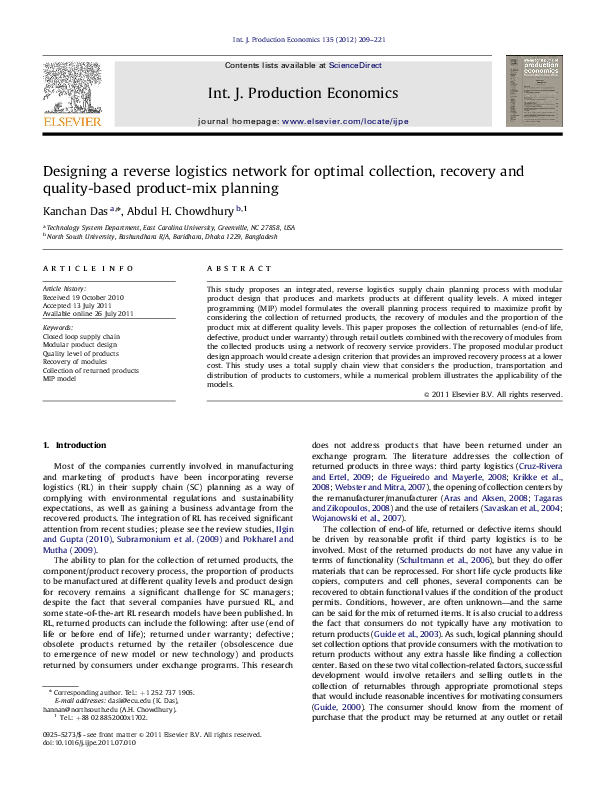 (PDF) Designing a reverse logistics network for optimal collection ...