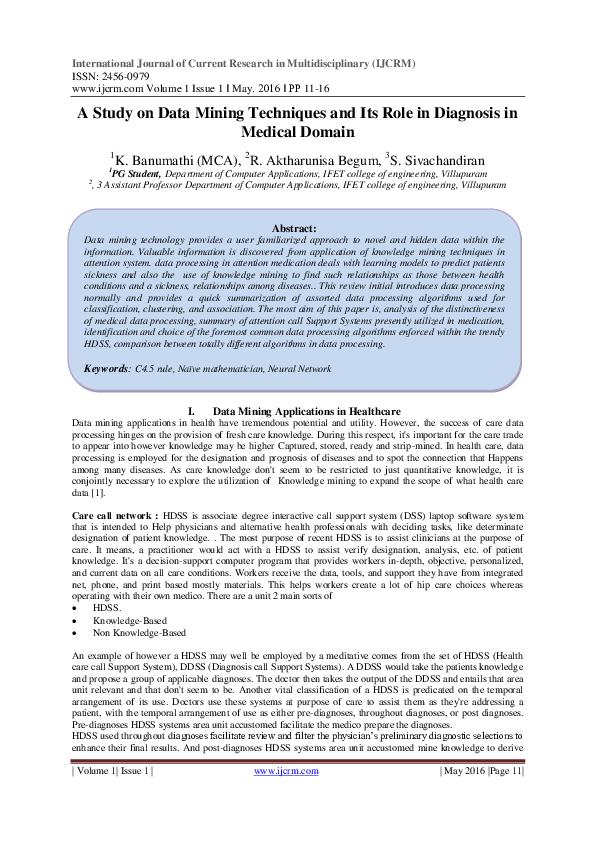 (PDF) A Study on Data Mining Techniques and Its Role in Diagnosis in ...