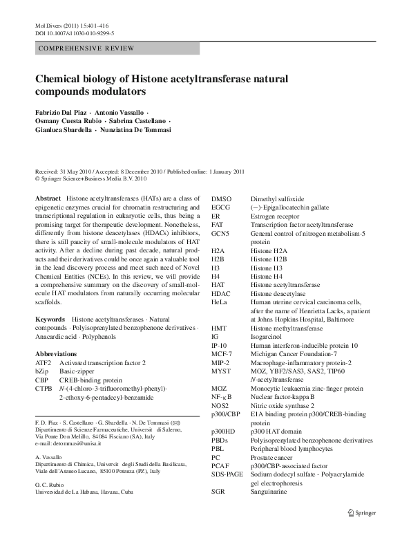 (PDF) Chemical biology of histone acetyltransferase natural compounds ...