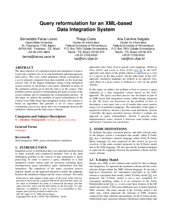 (PDF) Query reformulation for an XML-based data integration system