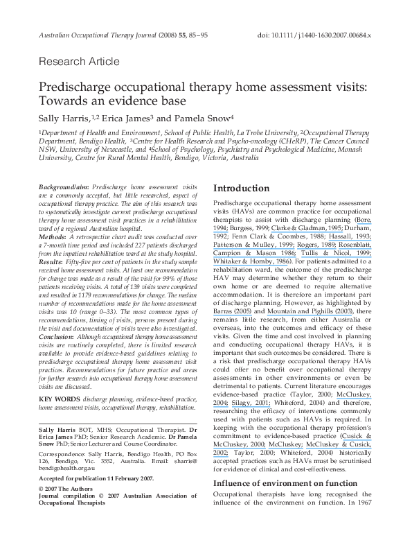  PDF Predischarge Occupational Therapy Home Assessment Visits Towards An Evidence Base 