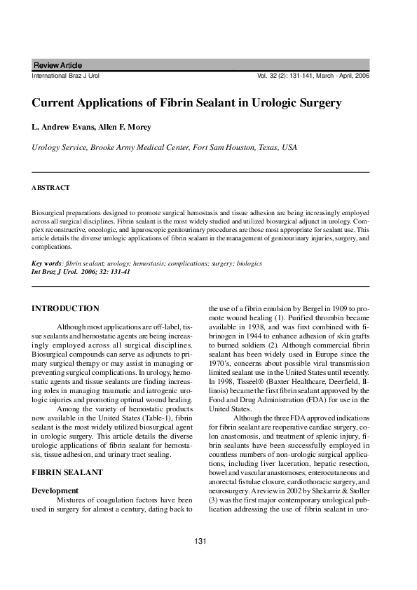 (PDF) Current applications of fibrin sealant in urologic surgery