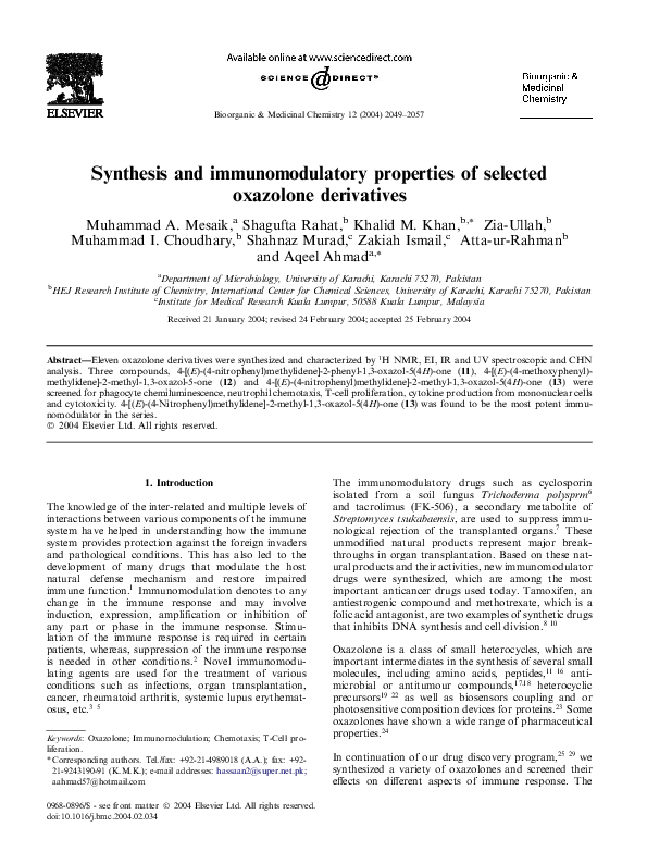 (PDF) Synthesis and immunomodulatory properties of selected oxazolone ...