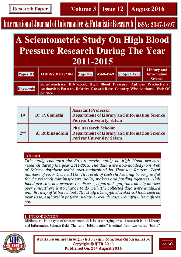 (PDF) A Scientometric Study On High Blood Pressure Research During The ...