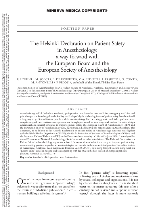 (PDF) The Helsinki Declaration on Patient Safety in Anesthesiology: a ...