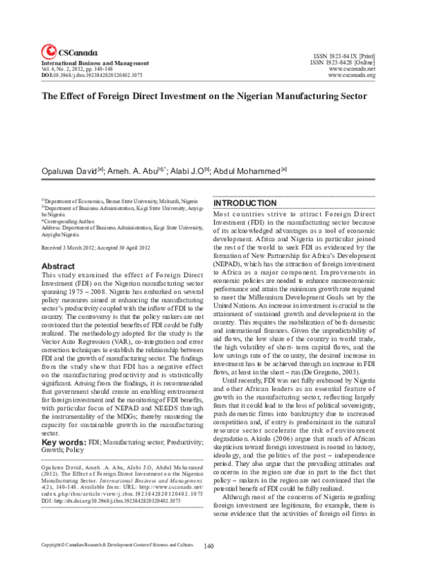 (PDF) The Effect of Foreign Direct Investment on the Nigerian ...