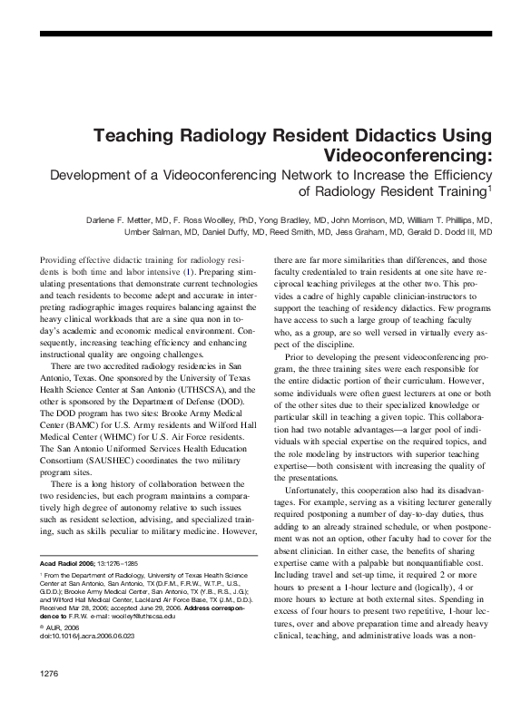 (PDF) Teaching Radiology Resident Didactics Using Videoconferencing