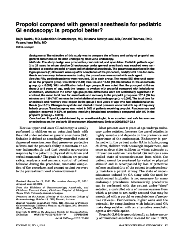 (PDF) Propofol compared with general anesthesia for pediatric GI