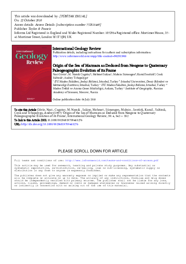 (PDF) Origin of the Sea of Marmara as Deduced from Neogene to