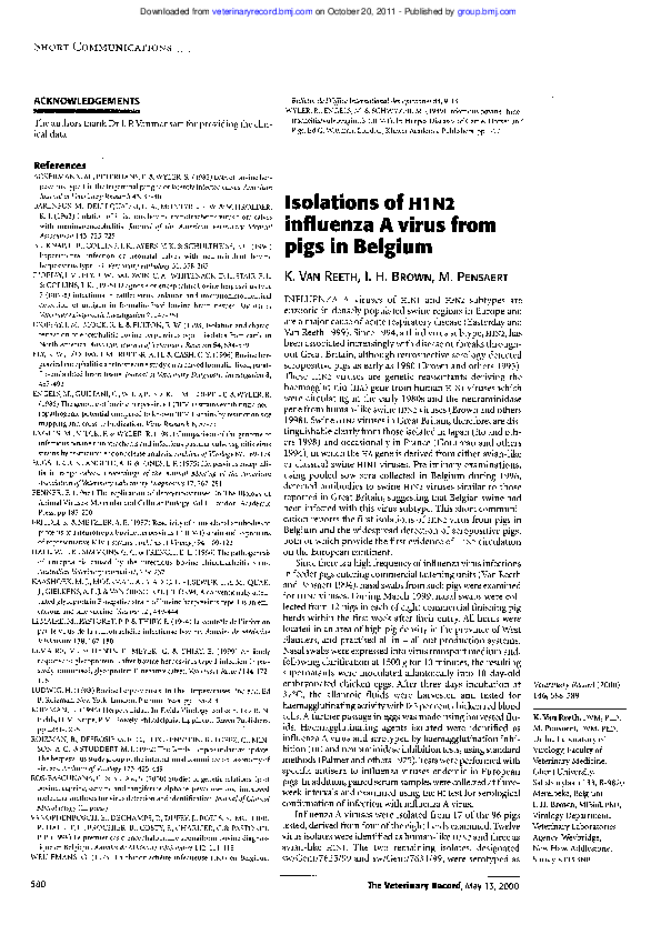 (PDF) Isolations of H1N2 influenza A virus from pigs in Belgium