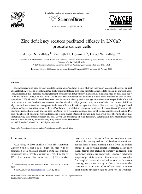 (PDF) Zinc deficiency reduces paclitaxel efficacy in LNCaP prostate