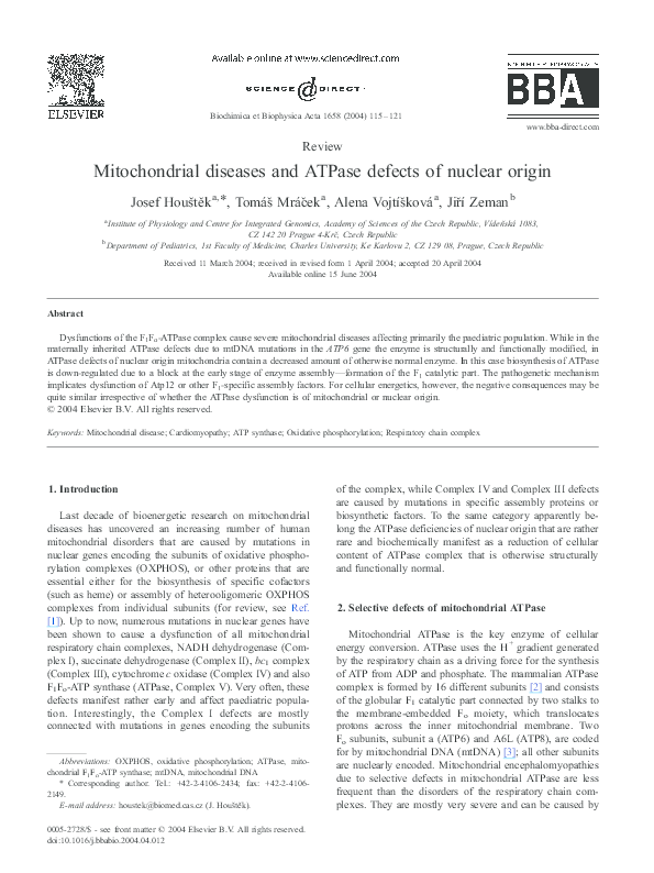(PDF) Mitochondrial diseases and ATPase defects of nuclear origin
