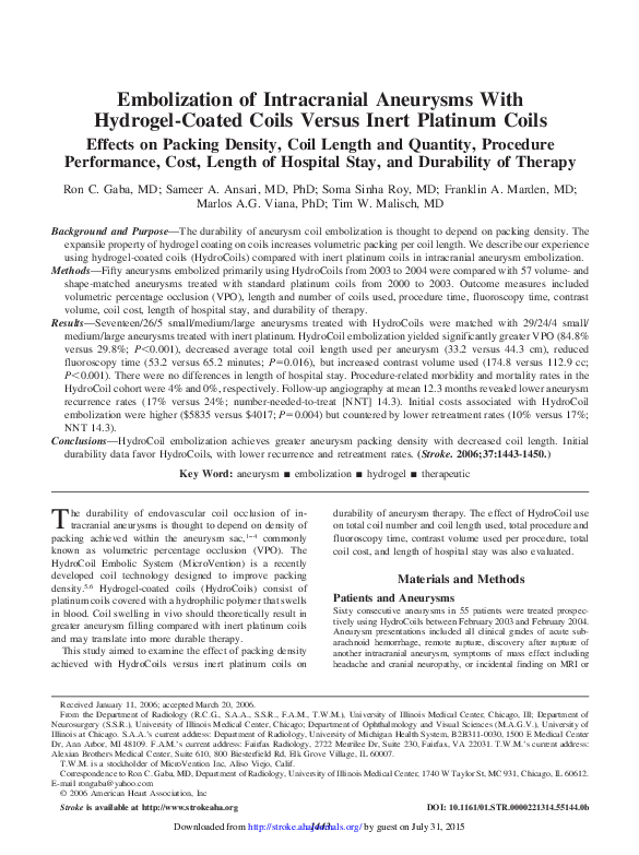(PDF) Embolization of Intracranial Aneurysms With HydrogelCoated Coils