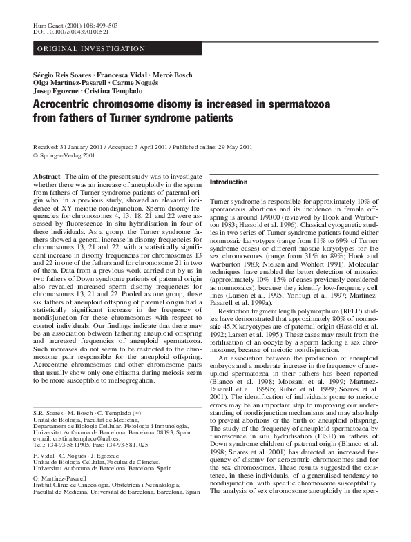 (PDF) Acrocentric chromosome disomy is increased in spermatozoa from