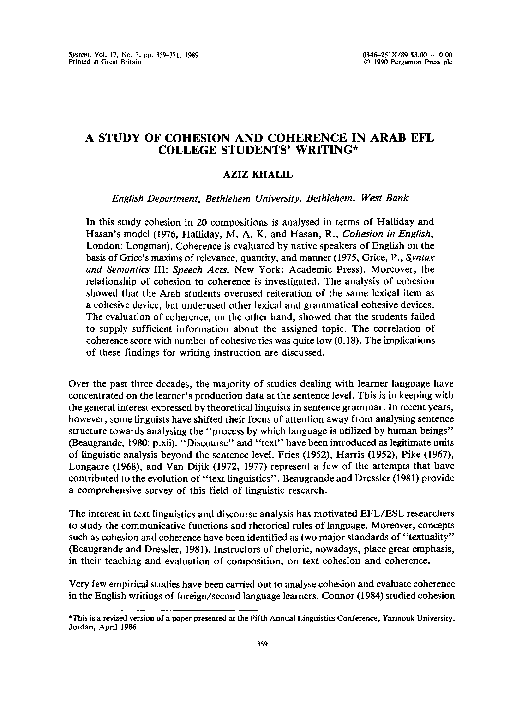 (PDF) A STUDY OF COHESION AND COHERENCE IN ARAB EFL COLLEGE STUDENTS ...