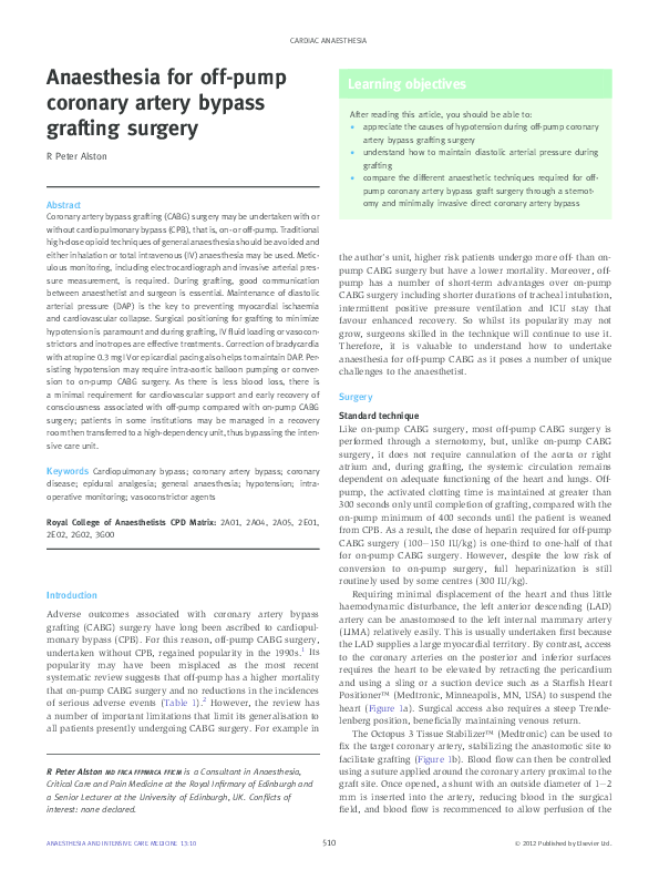 (PDF) Anaesthesia for off-pump coronary artery bypass grafting surgery