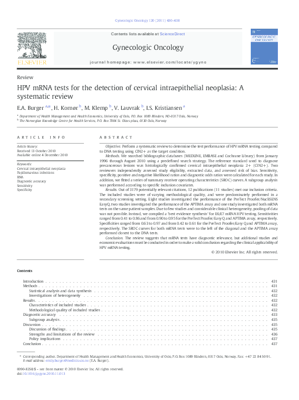 (PDF) HPV mRNA tests for the detection of cervical intraepithelial ...