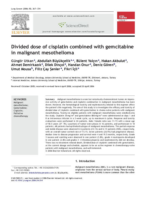 (PDF) Divided dose of cisplatin combined with gemcitabine in malignant ...