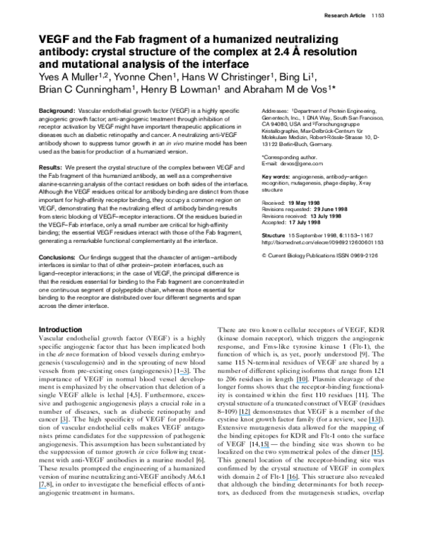 (PDF) VEGF and the Fab fragment of a humanized neutralizing antibody ...