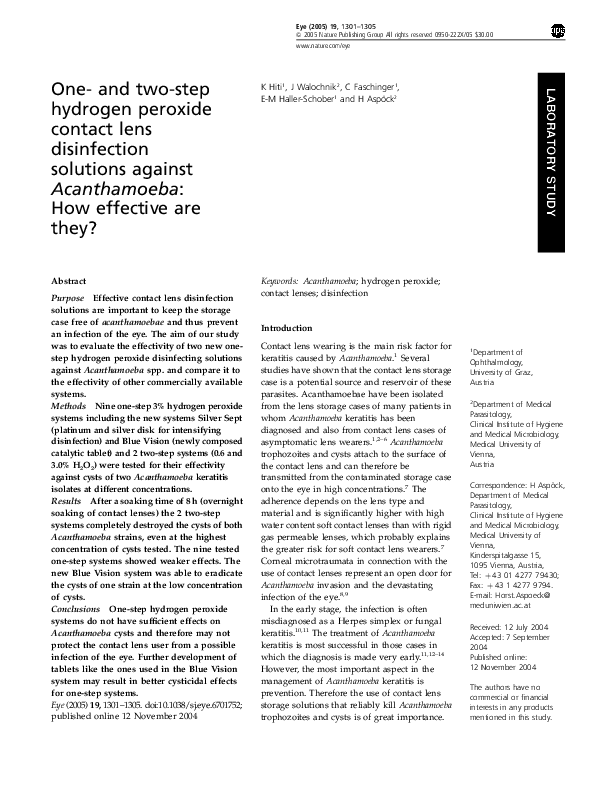 (PDF) One and twostep hydrogen peroxide contact lens disinfection solutions against