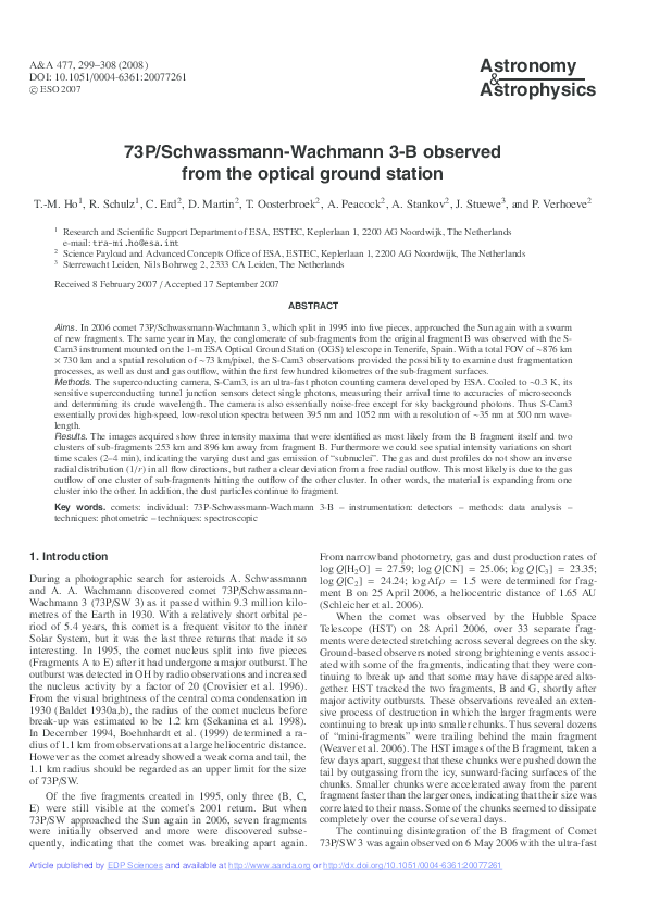 (PDF) 73P/Schwassmann-Wachmann 3-B observed from the optical ground station