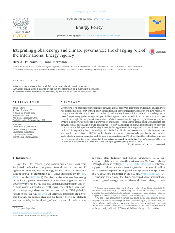 (PDF) Integrating global energy and climate governance: The changing ...