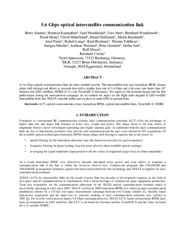 (PDF) 5.6 Gbps optical intersatellite communication link Stefan Seel