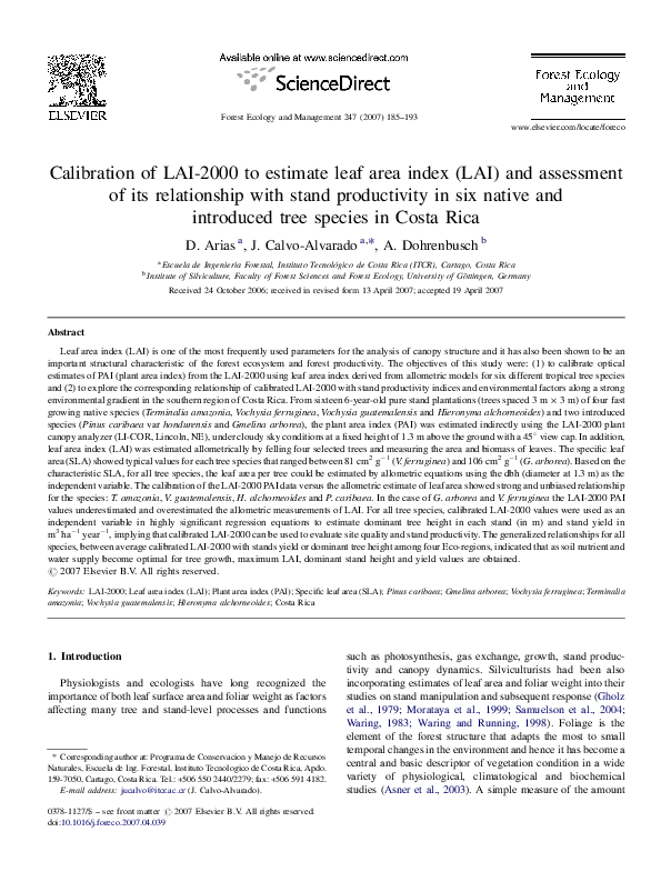 (PDF) Calibration of LAI2000 to estimate leaf area index (LAI) and ...